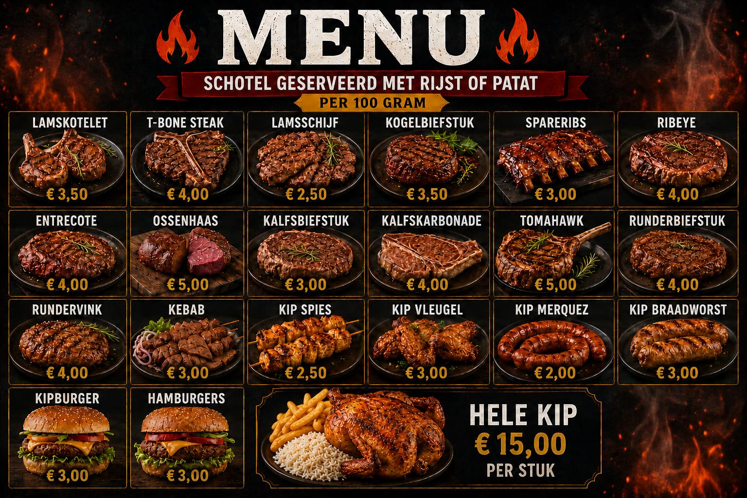 Smoky Grill BBQ menukaart met vlees, kip en burgers